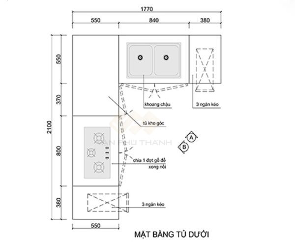 Bản vẽ CAD tủ bếp chữ L dạng cơ bản cho nhà bếp có diện tích vừa phải