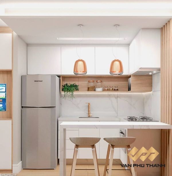 Thiết kế tủ bếp cho nhà nhỏ sát trần giúp tối ưu sử dụng phần không gian thường để trống bên trên tủ bếp