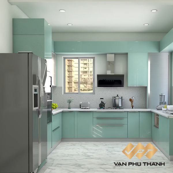 Tủ bếp MDF phủ nhựa Acrylic có màu bóng gương đặc trưng, đem lại nét sang trọng hiện đại cho không gian bếp